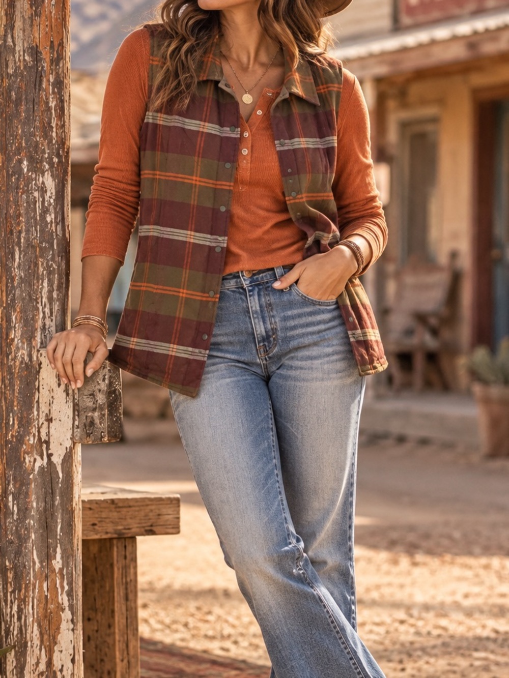 Denim & Co Reversible Plaid Vest Western Utility Layering Medium
